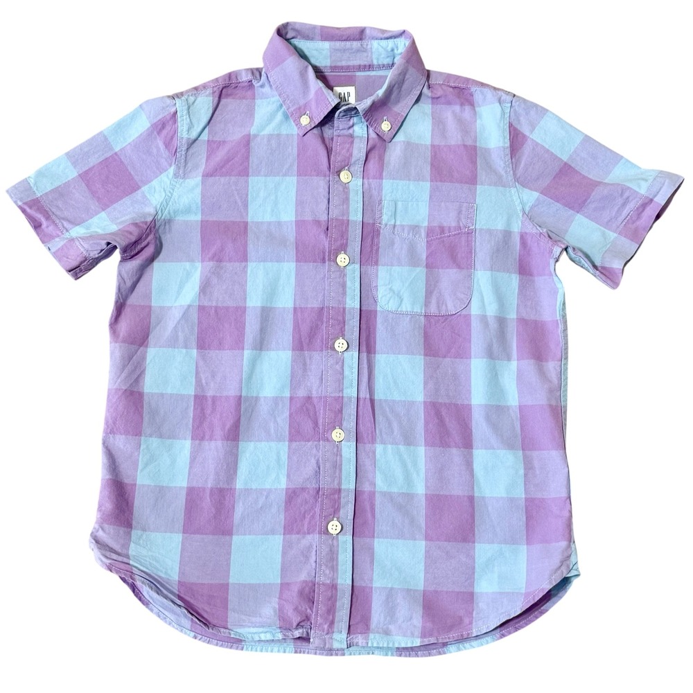 Gap Kids Boys Purple Turquoise Pocket  Short Sleeve Button Down Shirt Sz‎ M 8